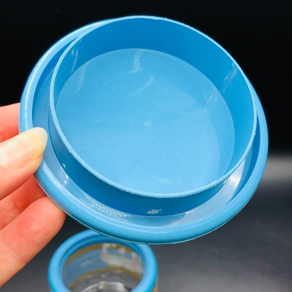 80s Country Mother Goose Ribbon Bow Glass Jar Blue Plastic Lid Vintage Canister - Picture 8 of 12